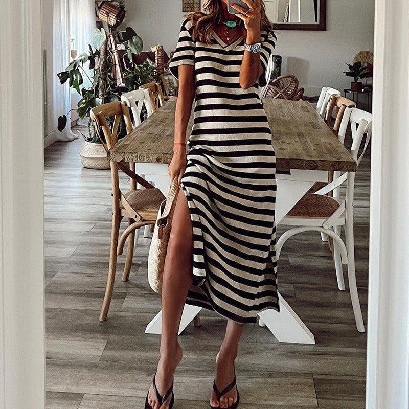 Damen lässiges Sommermaxikleid mit Streifen und Seitenschlitz WW