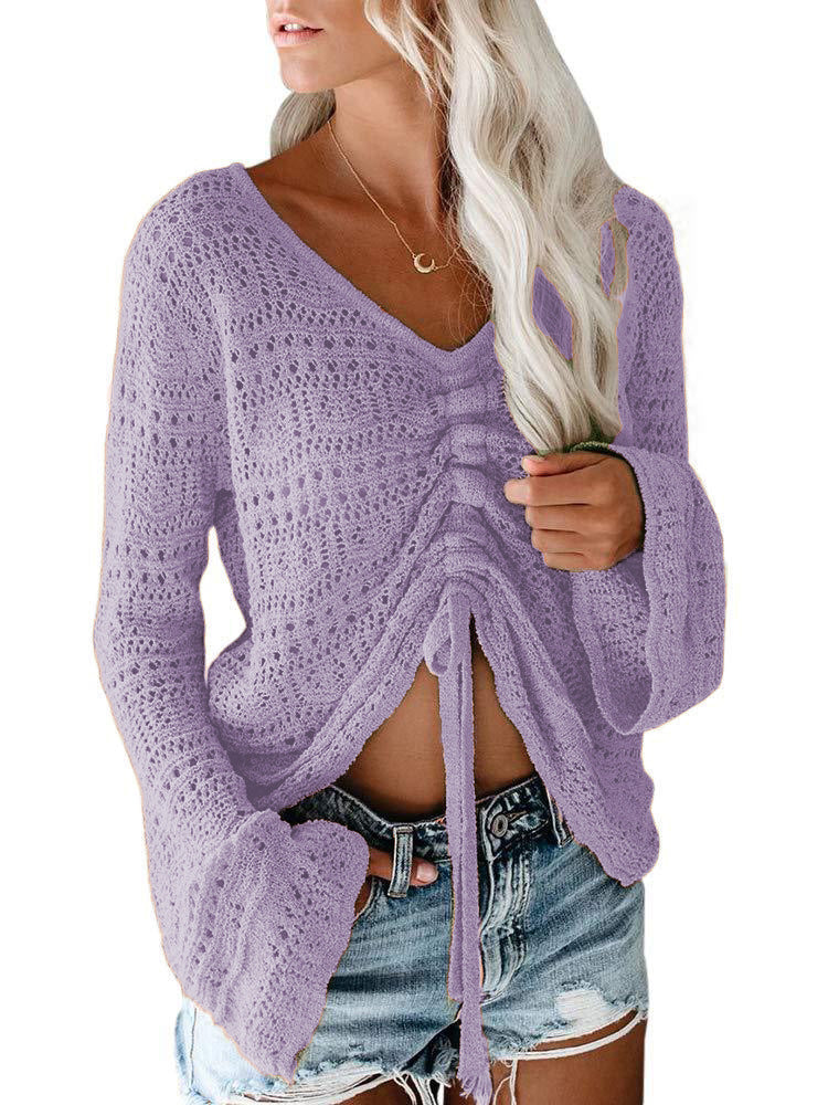 Damen angesagter V-Ausschnitt Pullover mit Raffung WW