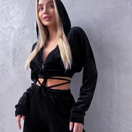 Damen sportlicher Cropped Fleece-Jogginganzug mit Reißverschluss und praktischen Taschen WW