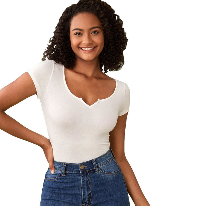 Damen figurbetontes Kurzarmbody mit V-Ausschnitt W&W Mode