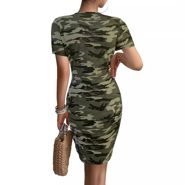 Damen figurbetontes camouflagemuster Kleid mit Kurzarm und V-Ausschnitt WW