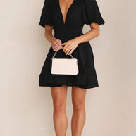 WW | Sommer Süß Tief V-Ausschnitt Taille Schlankmachend Plissierter Puffärmel Kleid