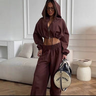 Damen sportliches Zweiteiler-Set mit cropped Kapuzenpullover und weitem Hosen WW