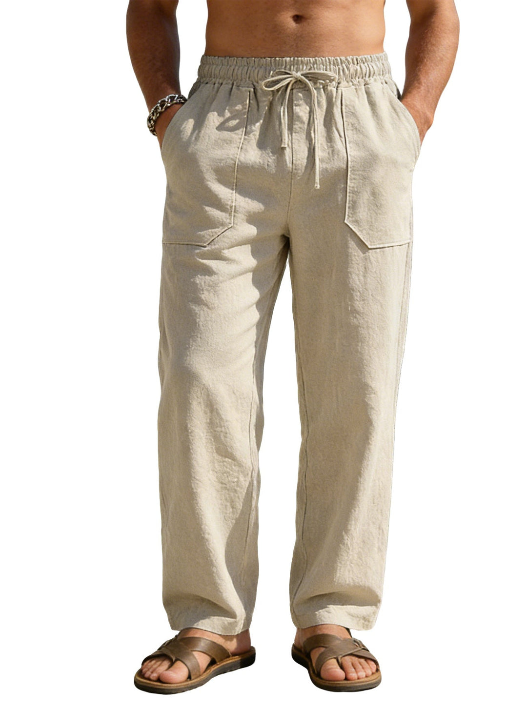 Herren nan weite Relaxhose aus Leinen-Mix mit Kordelbund und aufgesetzten Beintaschen W&W Mode