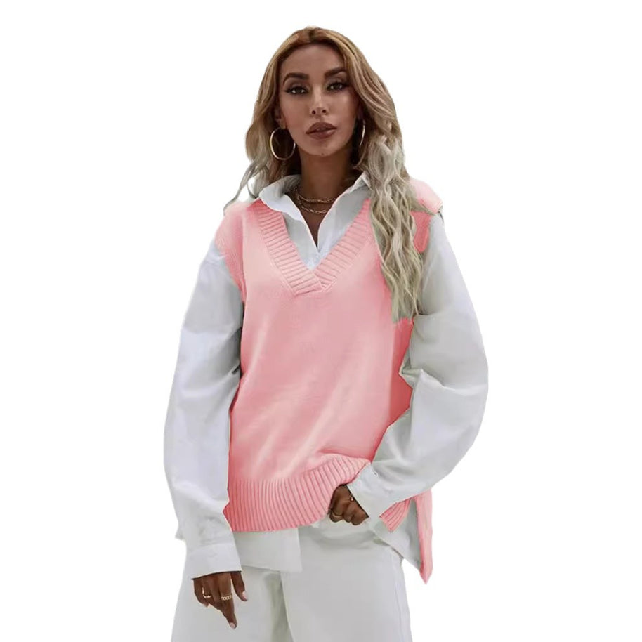 Damen Strickweste mit V-Ausschnitt und geripptem Saum WW