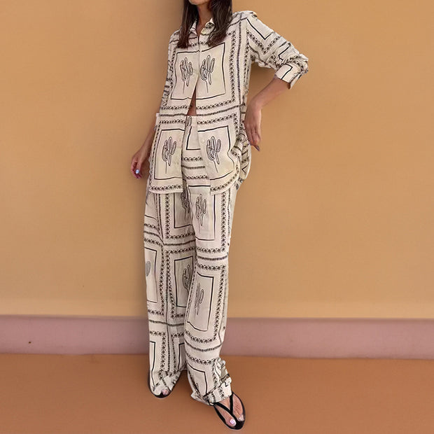 Damen Elegantes Set aus lässiger Bluse und weit geschnittenen Hosen WW