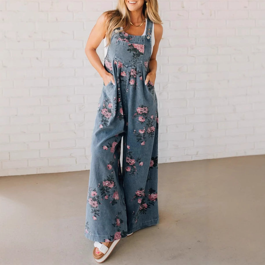 Damen Baumwoll-Overall mit floralem Druck und weiten Beinen WW
