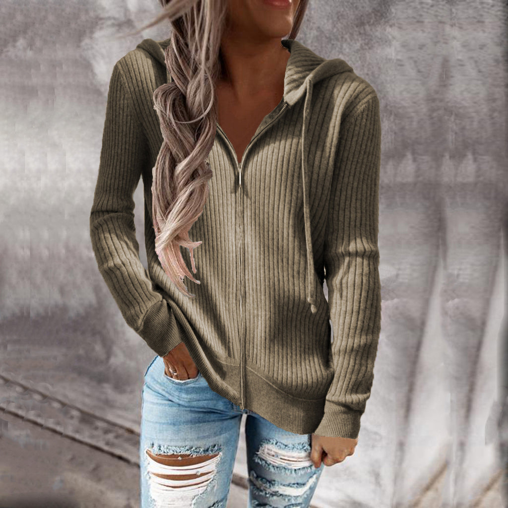 Damen Strickjacke mit Kapuze und Reißverschluss WW
