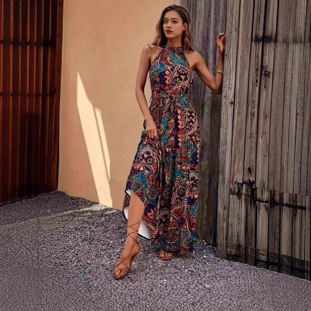 Damen Maxikleid im Boho-Stil mit elegantem Halterneck und seitlichem Bindegürtel WW