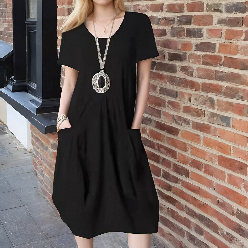 Damen lässiges Kurzarm-Kleid mit seitlichen Taschen und lockerem Schnitt W&W Mode