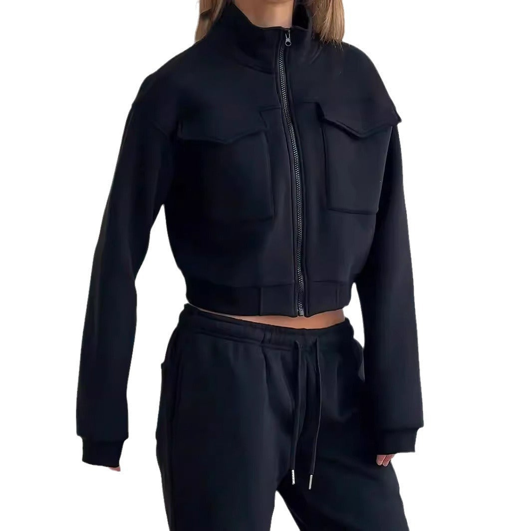 Damen sportliches Zweiteiler Set mit hohem Kragen und praktischen Taschen WW