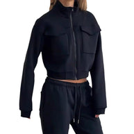 Damen sportliches Zweiteiler Set mit hohem Kragen und praktischen Taschen WW
