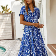 WW | Lässiger Polka Dot V-Ausschnitt Kurzarm Midi Kleid