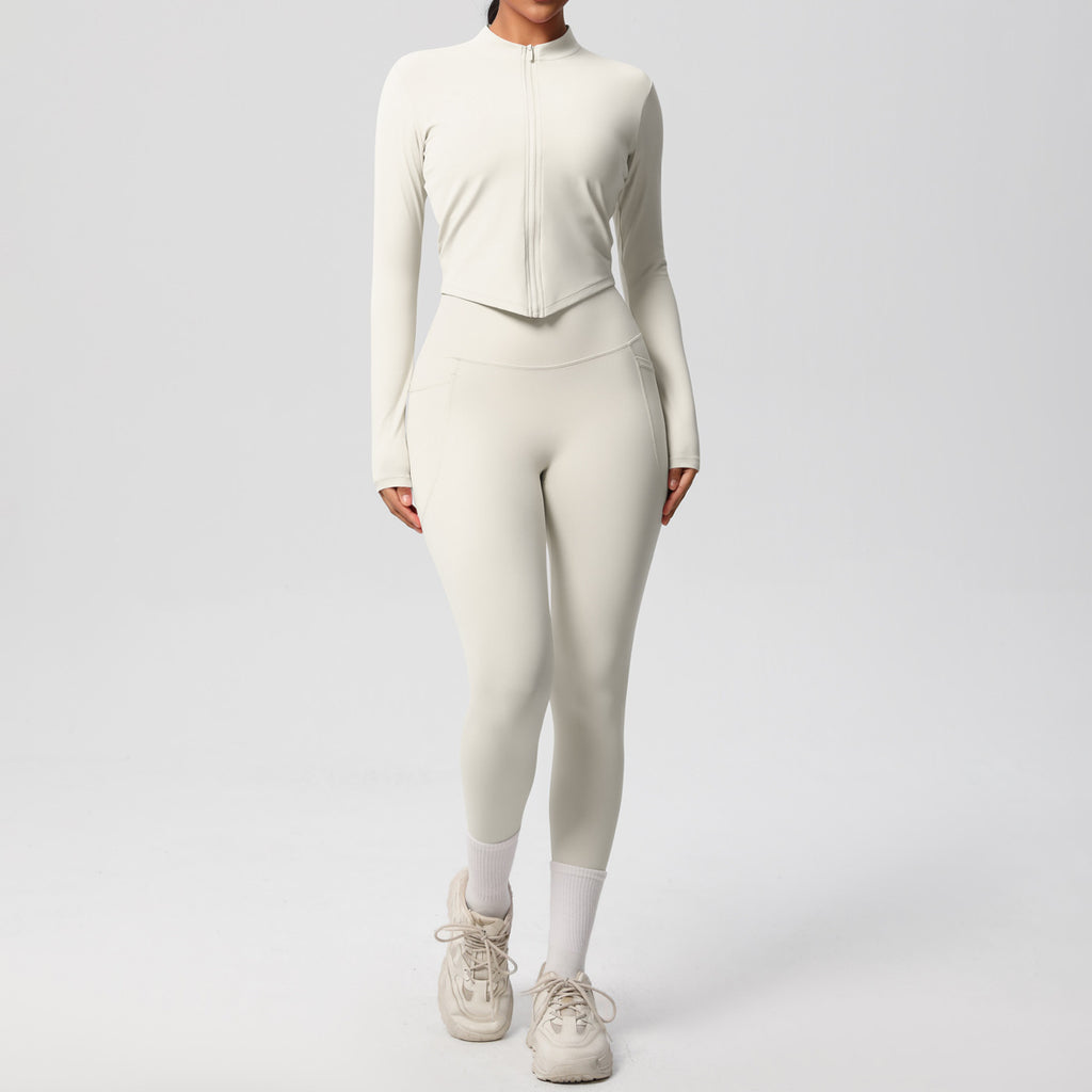 Damen Sportliches langärmliges Crop-Top mit passender Leggings im figurbetonten Design WW