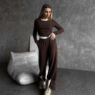 Damen bequeme Lounge-Hose und langärmliges Oberteil-Set WW