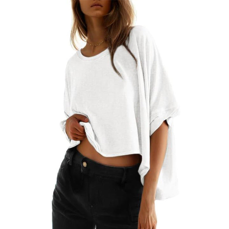 Damen lässiges cropped Oberteil mit weiten Ärmeln und Rundhalsausschnitt W&W Mode