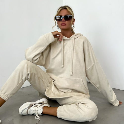 Damen sportliches Fleece-Lounge-Set mit übergroßem Hoodie und elastischen Hosen WW