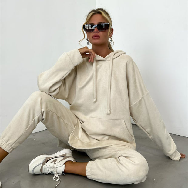 Damen sportliches Fleece-Lounge-Set mit übergroßem Hoodie und elastischen Hosen WW