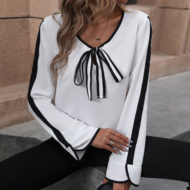 Damen Bluse mit dekorativem Schleifenkragen und kontrastierenden Ärmelabschlüssen WW