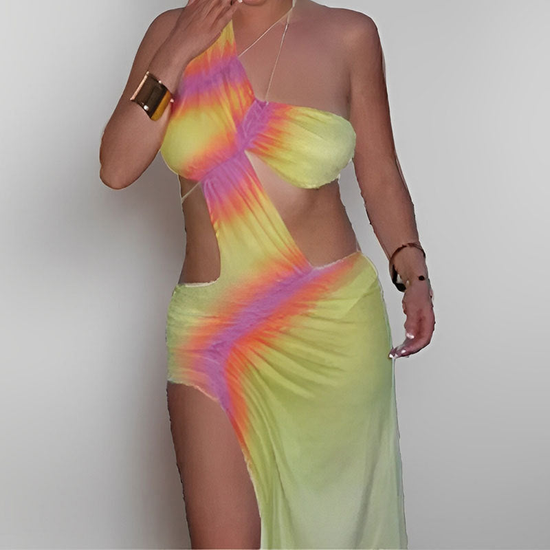 Damen Strandkleid mit asymmetrischem Schnitt und farbenfrohem Batik-Design W&W Mode