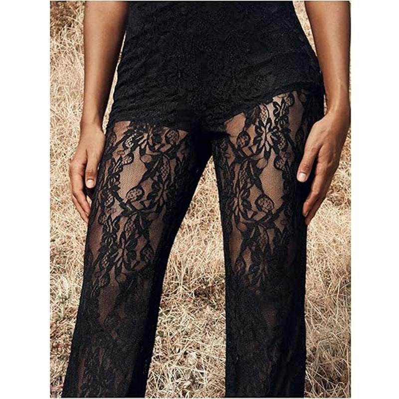 Damen elegante Spitzenhose mit hohem Bund und weit geschnittenem Bein WW