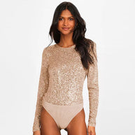 Damen Glitzernder Body mit langen Ärmeln und elegantem Design WW