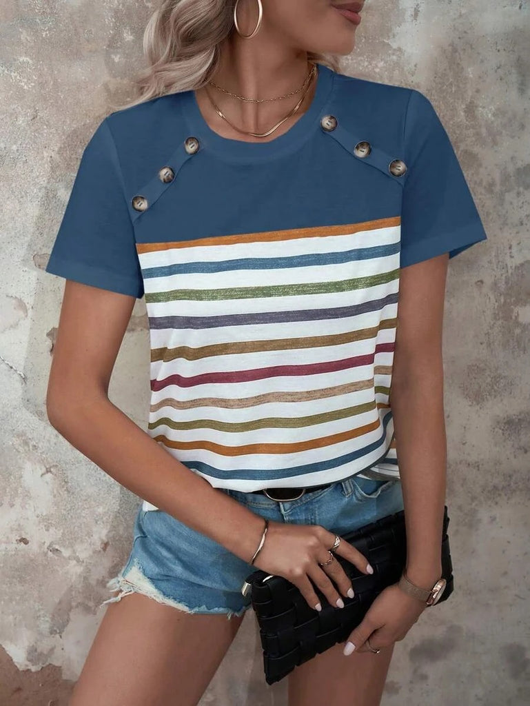 Damen gestreiftes T-Shirt mit modischen Knopfdetails und Rundhalsausschnitt WW