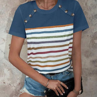 Damen gestreiftes T-Shirt mit modischen Knopfdetails und Rundhalsausschnitt WW