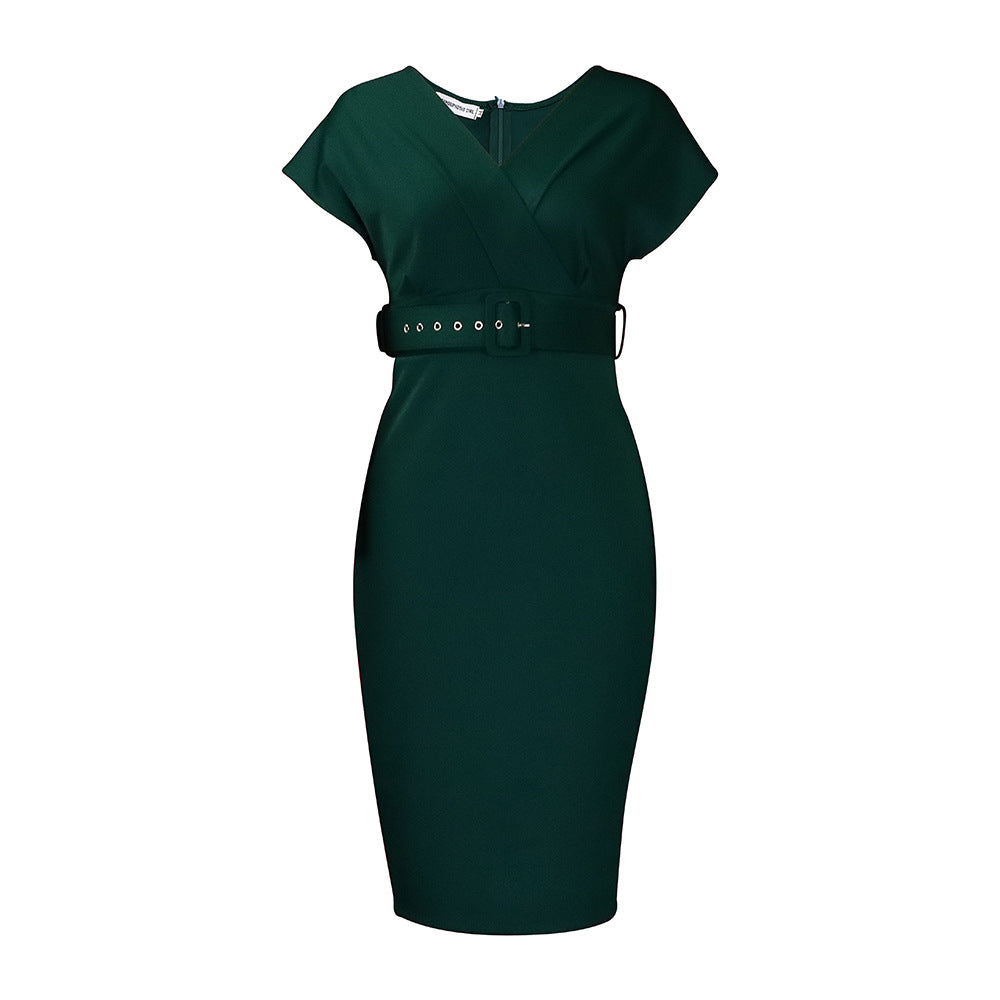WW | Damen V-Ausschnitt Figurbetontes Midi Kleid mit Gürtel