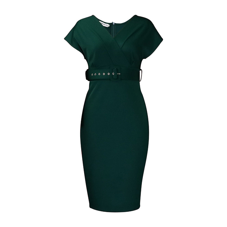 WW | Damen V-Ausschnitt Figurbetontes Midi Kleid mit Gürtel