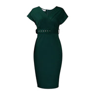 WW | Damen V-Ausschnitt Figurbetontes Midi Kleid mit Gürtel