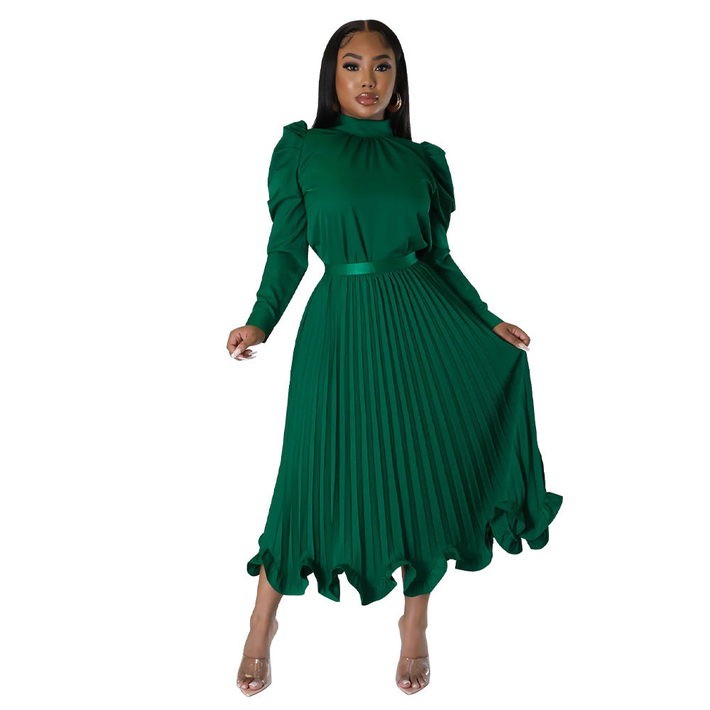 Damen elegantes Plissee-Kleid mit hochgeschlossenem Kragen und Volants WW
