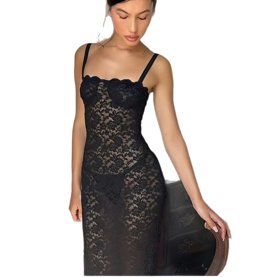Damen Spitzen-Maxikleid mit verführerischem Schnitt und feinen Trägern WW