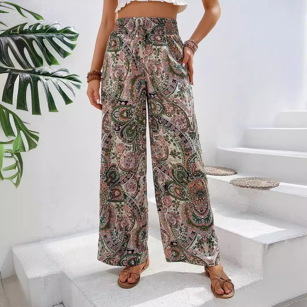 Damen weite Palazzo-Hose mit elastischem Bund und elegantem Paisleymuster WW