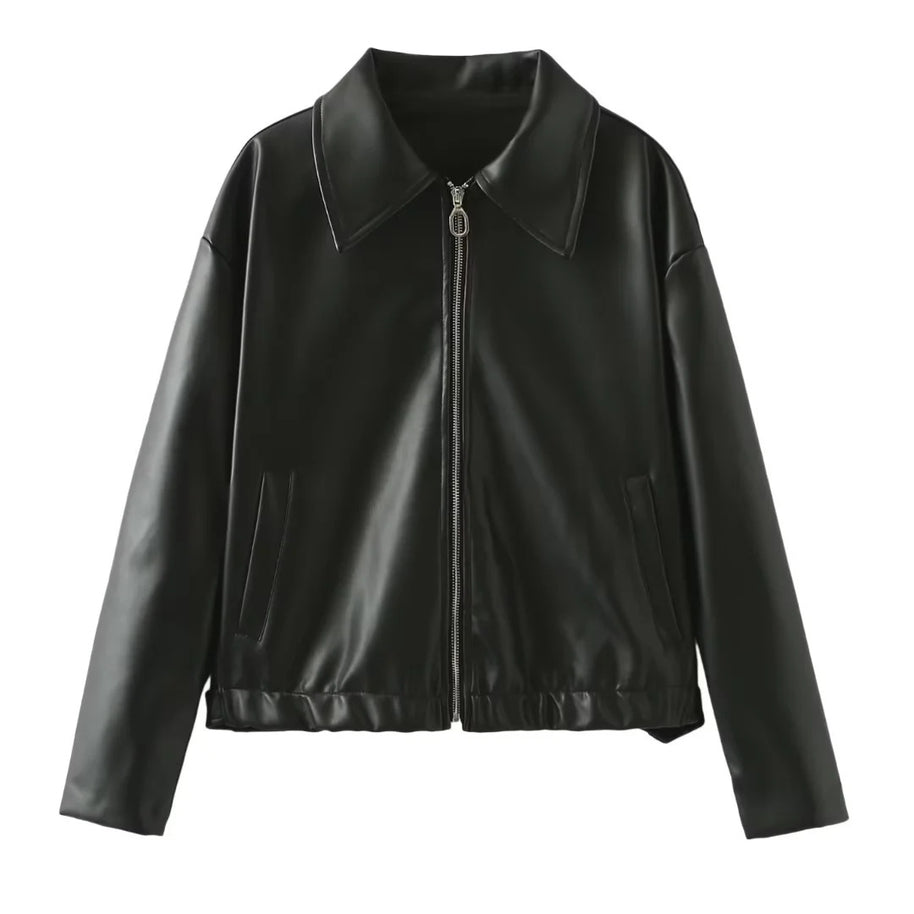 Damen elegante Kunstlederjacke im modernen Design mit praktischem Reißverschluss WW