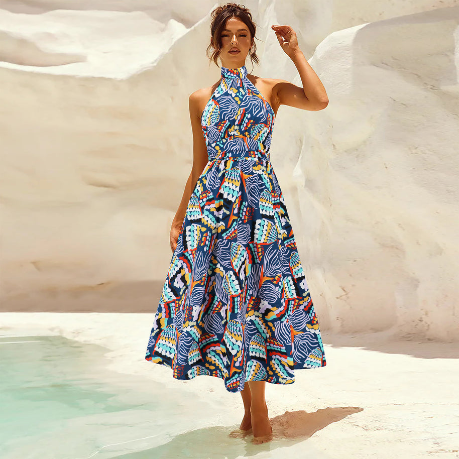 Damen Maxikleid mit hochgeschlossenem Kragen und buntem Blätterdruck WW