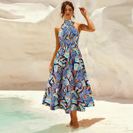 Damen Maxikleid mit hochgeschlossenem Kragen und buntem Blätterdruck WW