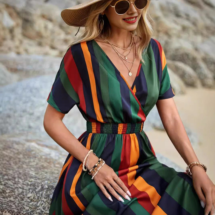 W&W Mode | Gestreiftes Elastisches Taillenstrandkleid