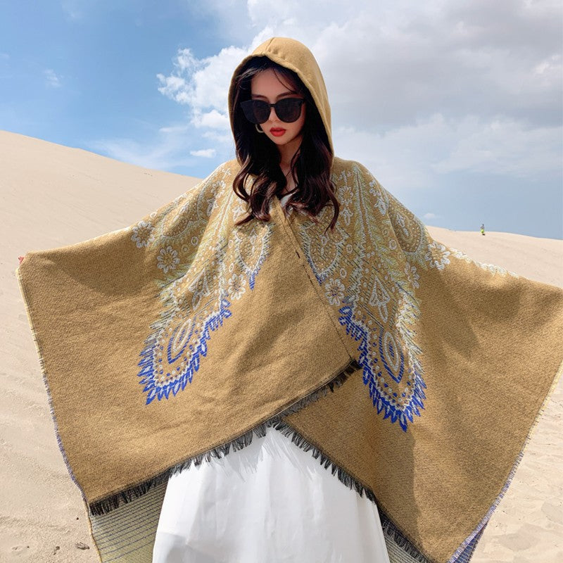 Damen Poncho mit Kapuze und kunstvollem Paisleymuster WW