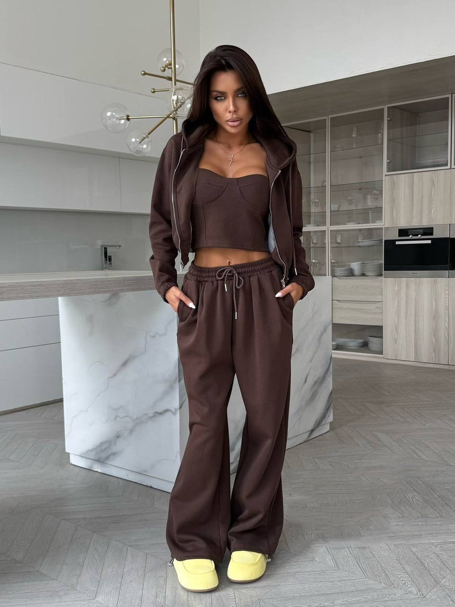 Damen sportliches Fleece-Set mit Jacke und weitem Hosen WW
