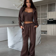 Damen sportliches Fleece-Set mit Jacke und weitem Hosen WW