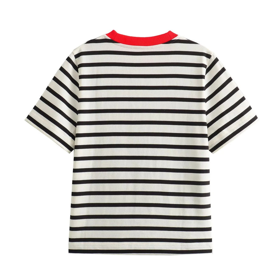 Damen Freizeit T-Shirt mit kontrastierendem Kragen und lässigem Streifenmuster WW