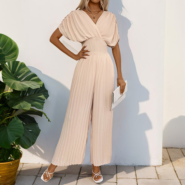 Damen Eleganter Jumpsuit mit tiefem V-Ausschnitt und voluminösen Ärmeln WW
