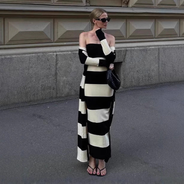 Damen schickes Bandeau-Maxikleid mit grafischem Streifenmuster und figurbetontem Schnitt WW