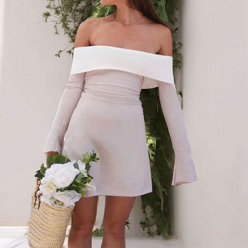 Damen schulterfreies Minikleid mit eleganten Trompetenärmeln und figurbetontem Schnitt WW