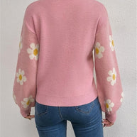 Damen Strickpullover mit verspieltem Blumenmuster und eleganten Puffärmeln WW