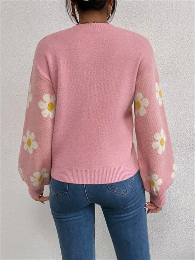 Damen Strickpullover mit verspieltem Blumenmuster und eleganten Puffärmeln WW