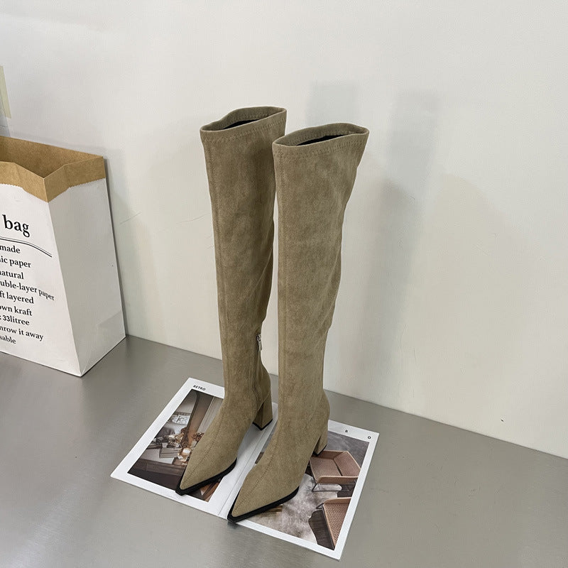 WW | Chunky Heel Hohe Stiefel Lange Wildleder Reißverschluss Stretch Dünn