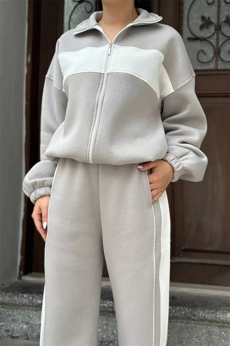 Damen Sportlicher Fleece-Loungewear-Anzug mit Reißverschluss WW