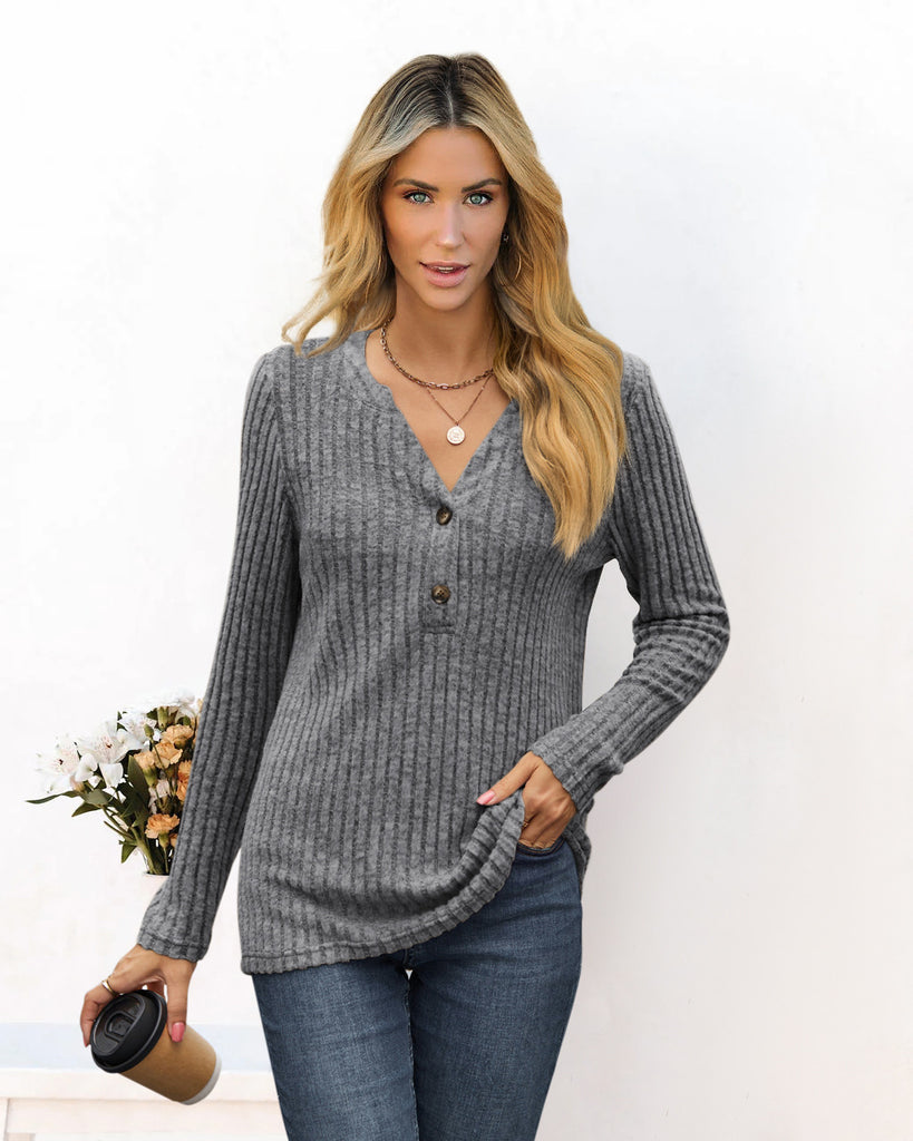 Damen Langarmshirt mit Rippstruktur und Knopfleiste WW